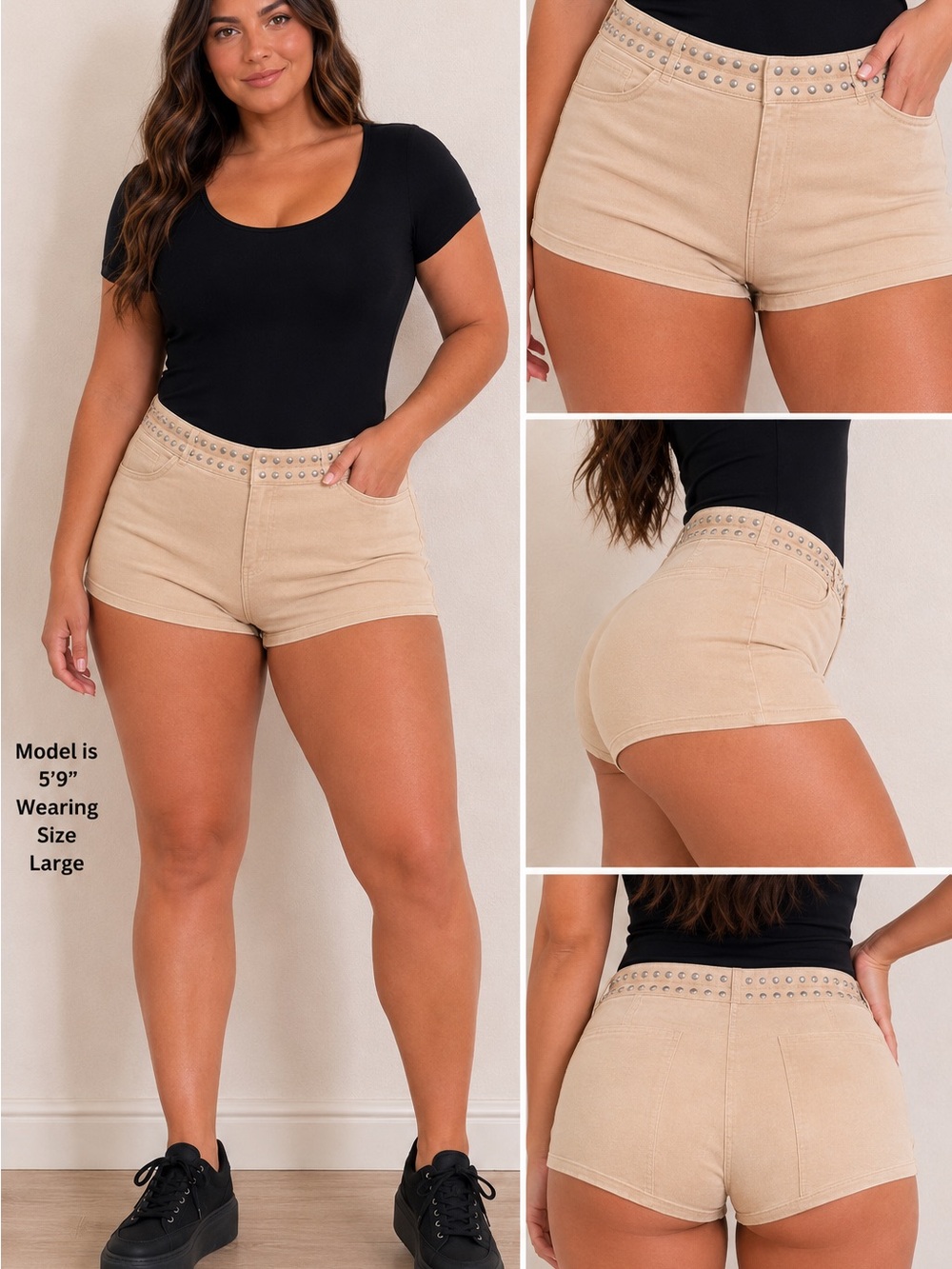 Beige-Studded Waist Women’s Shorty Shorts